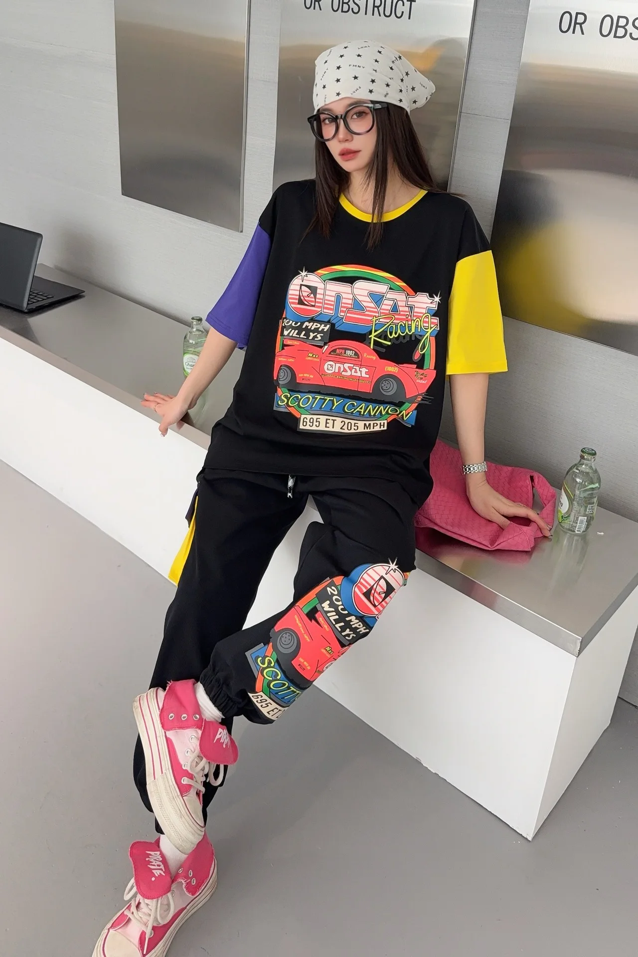 

Cartoon Car Print Oversized Pant Sets Woman Japanese Korean Fashion Short Sleeve T Shirt Matching Sets Oversized Outfits 2026