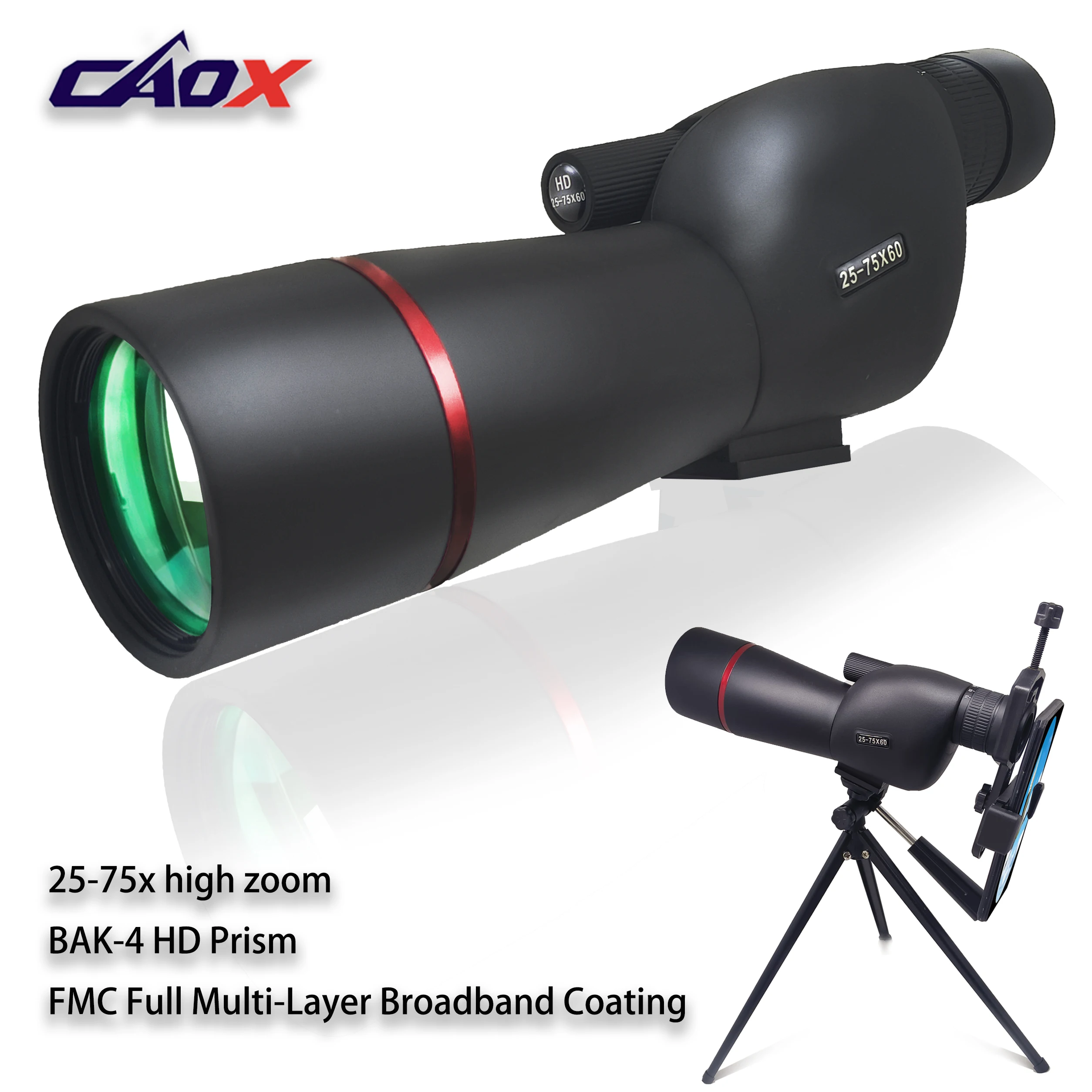 CAOX 25-75 High Power Zoom Telescope Spotting Scope Wide Field Monocular with Phone Adapter and Tripod for Bird Watching Camping