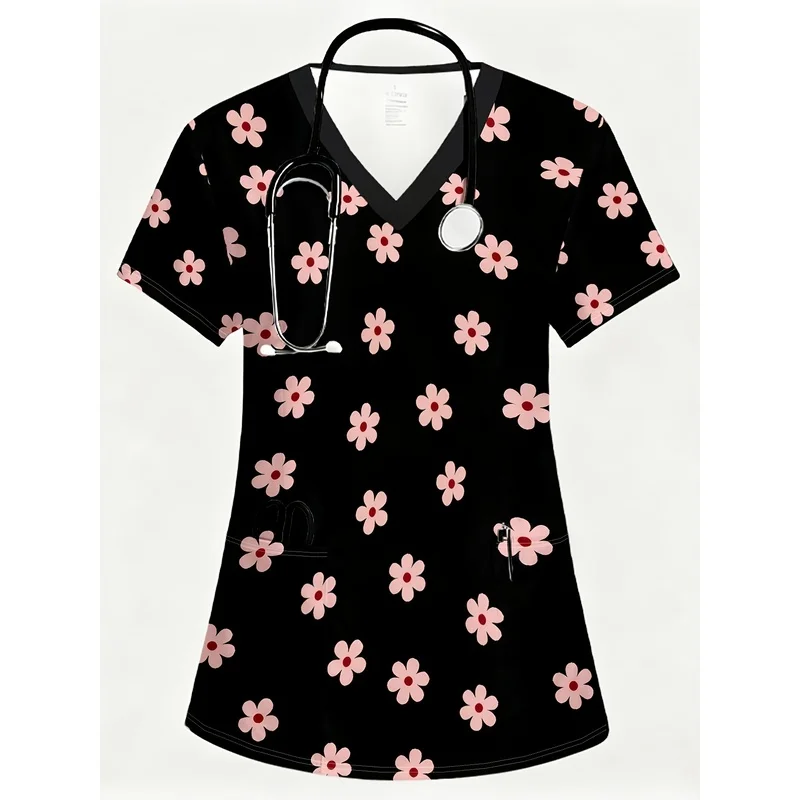 Women's FashionVShort-sleeved fashion Cleaning clothes Wash the shirt Nursing uniform（With two front pockets），Lively and vibrant