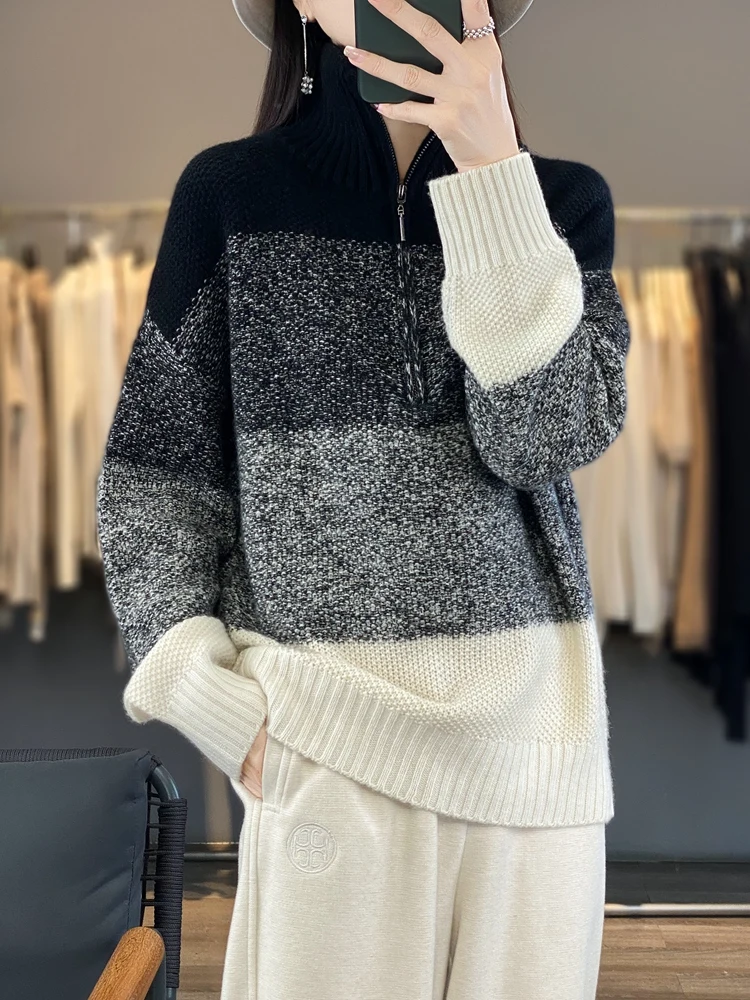 Zipper Women Fashion Sweater Autumn Winter Thick 100% Merino Wool Turn Down Collar Pullovers Cashmere Knitted Vintage Style Tops