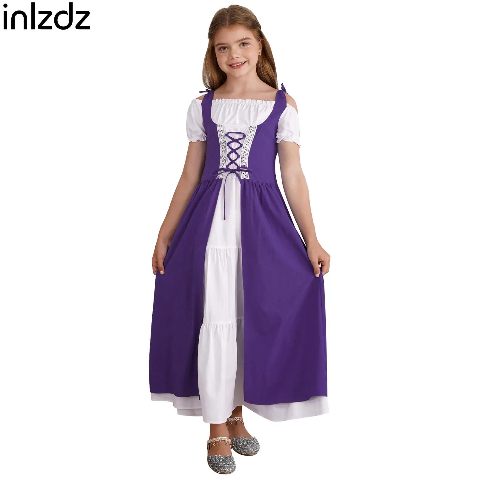 

New Kids Girls Medieval Renaissance Costume High Waist Ruffle Dress for Fancy Dress Party Cosplay Carnival Halloween Performance