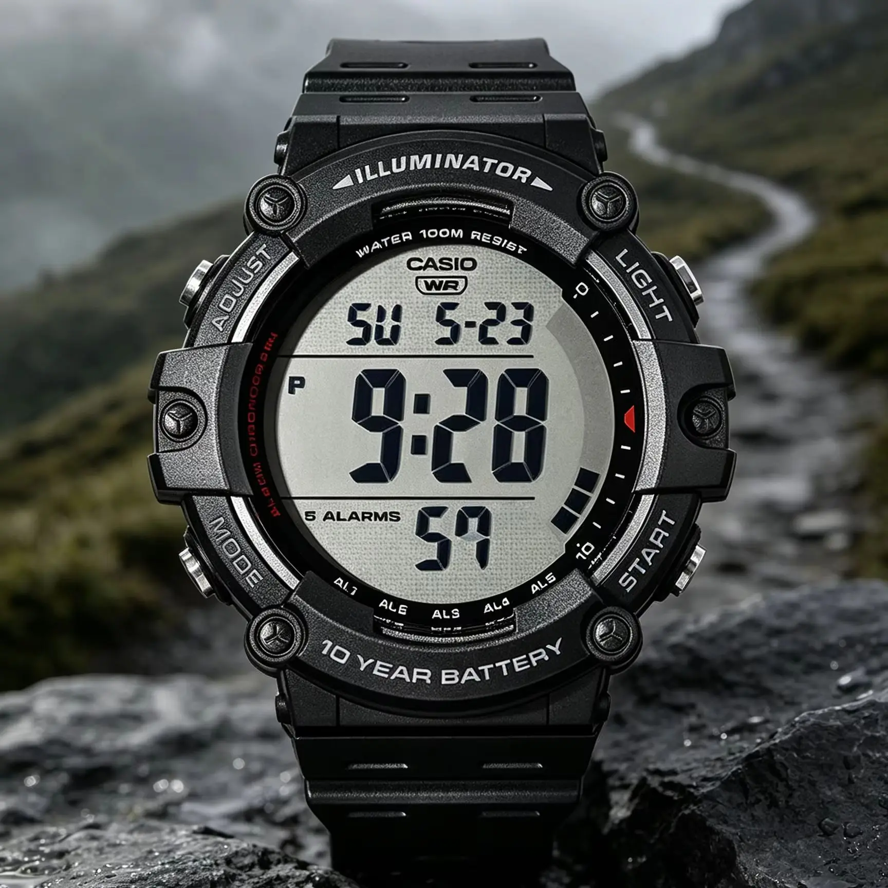 Casio Serie AE‑1500WH | Reloj Digital para Hombre | Resistente al Agua 100M | Batería de 10 años de duración | Hora Dual | 5 Alarmas | Retroiluminación LED