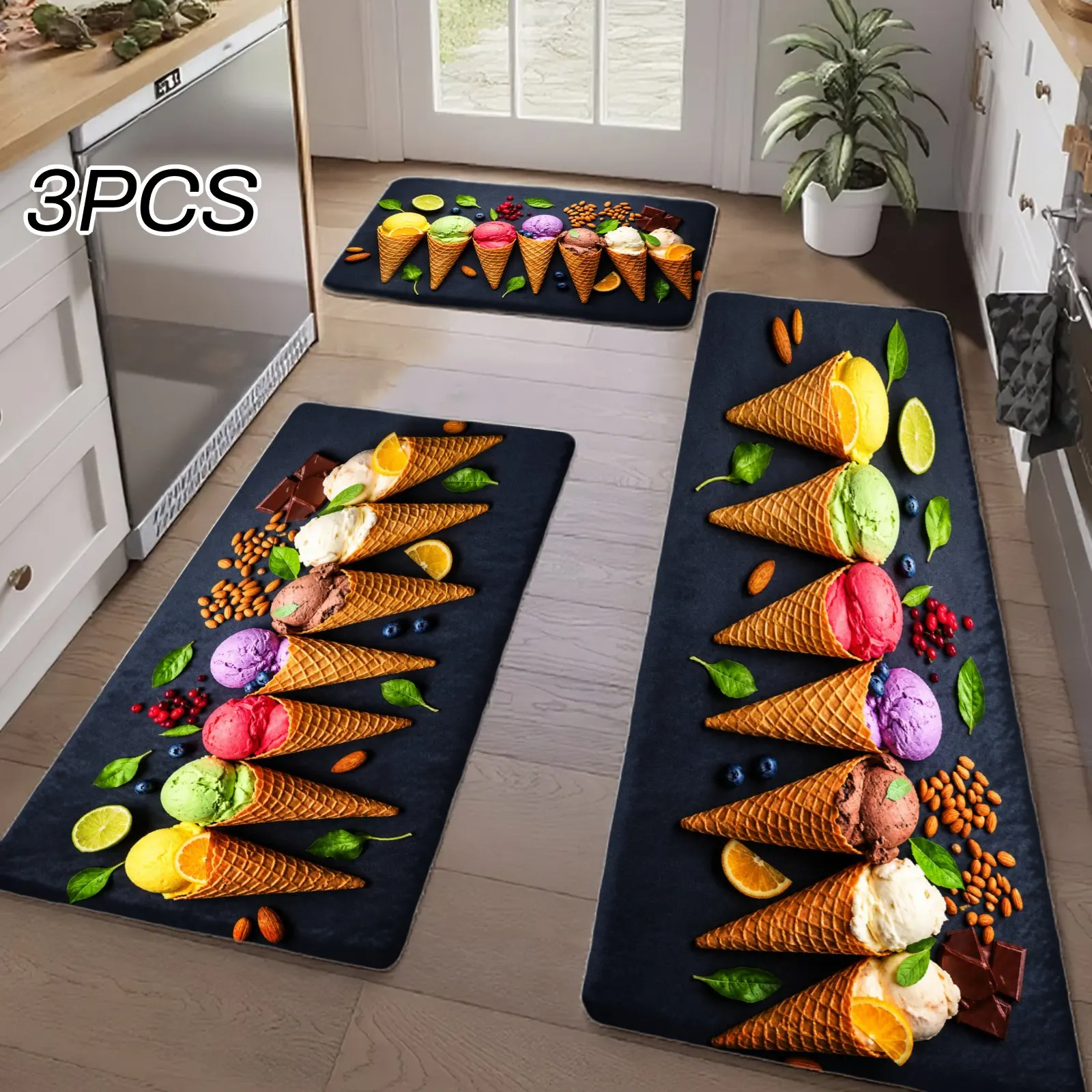 3PCS Kitchen Rugs,Home Decoration for Front Door, Kitchen, Bathroom, Colorful Ice Cream Cones With Fruits And Leaves Dining Mat