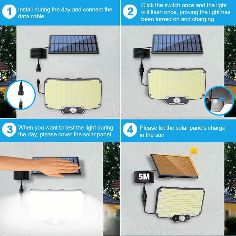 أضواء الشمسية خارج استشعار الحركة تعمل بالطاقة الشمسية الأمن كشاف ضوء مقاوم للماء زاوية واسعة التحكم عن بعد لحديقة سقيفة الحائط #6