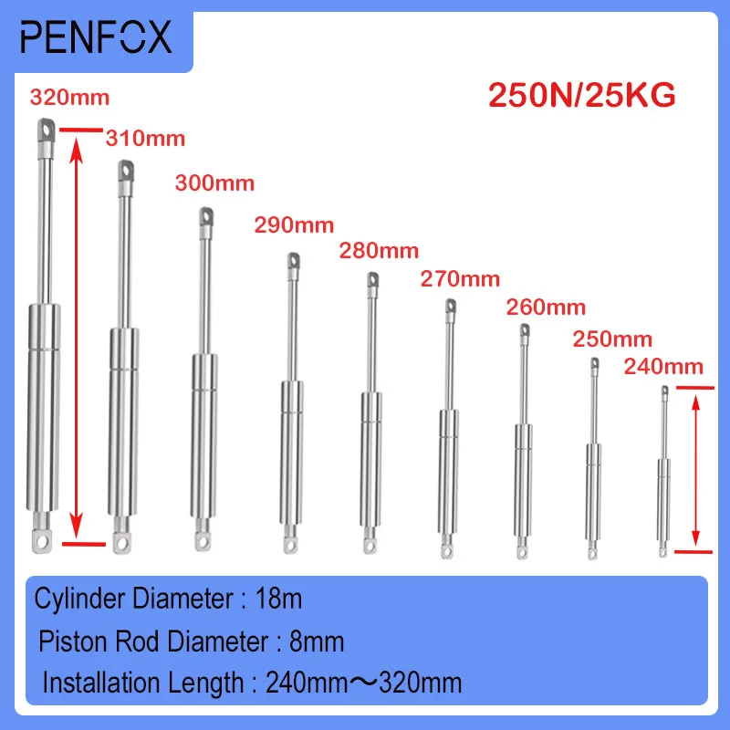 

1 PC 240mm-320mm 250N/25KG 304 Stainless Steel Hydraulic Support Rod Medical Equipment Food Machinery Yacht Pneumatic Gas Spring