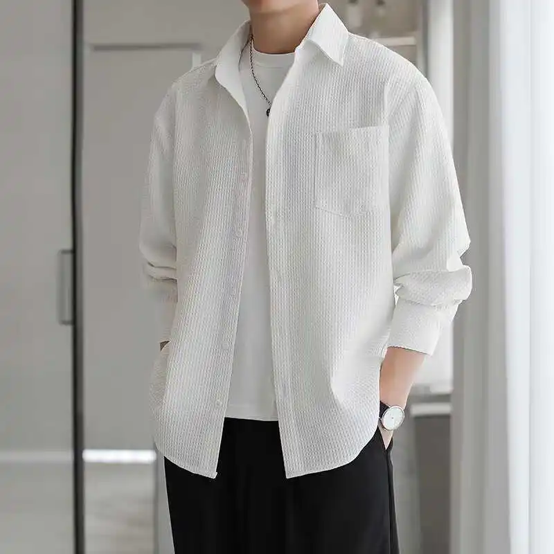 

Men's Long Sleeve Texture Shirt Casual White Simple Design Heavyweight Spring Autumn Polyester Fiber No Ironing Required