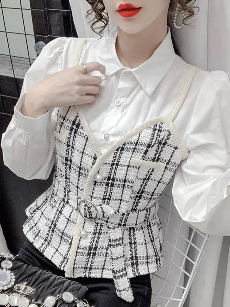 Women New Plaid Shirt Female Autumn Korean Loose Long-sleeved Stitching Fake Two-piece Blouse Turn-Down Collar Top Female Y1145