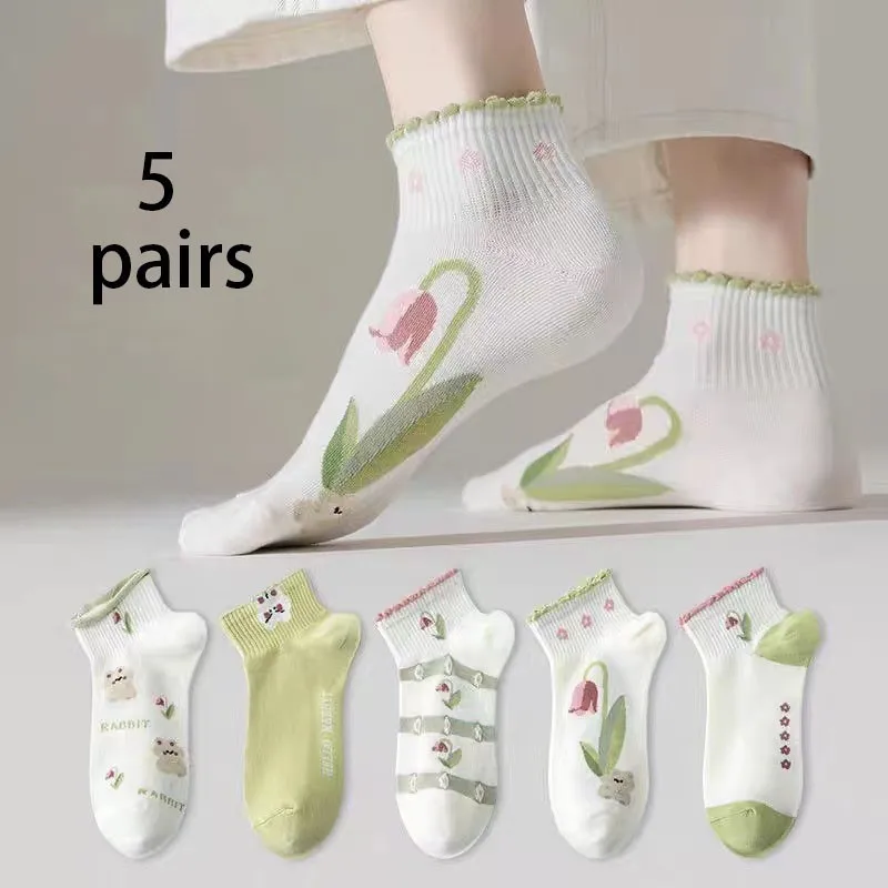 

5 Pairs Women's Socks Spring Summer Solid Color Sock Funny Sock Trend Non-slip Shallow Absorption Lightweight Breathable Fashion