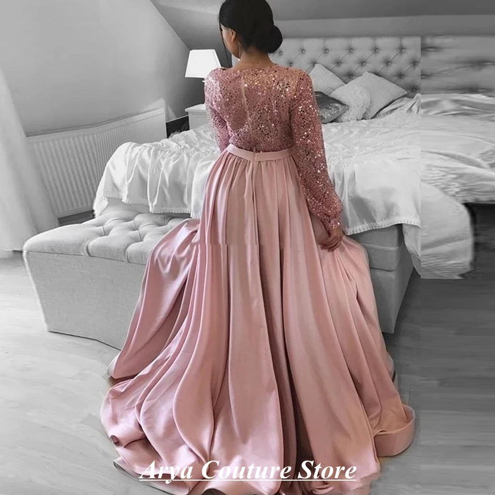 

2024 Exquisite Pink Arabic Evening Dresses V-Neck Sequin Elegant Simple Dubai Long A-Line Long Sleeves Sexy Prom Party Gown