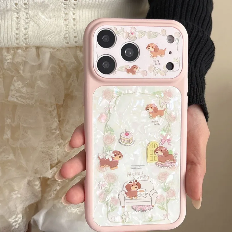 Cute puppy Shell Pattern Phone Case for iPhone 17 17Pro 17Pro Max 16 15 Pro Max Pink Floral Full Lens Protector Shockproof Cover