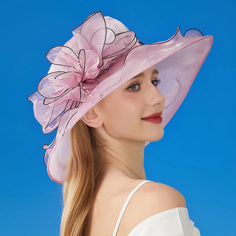 French Vintage Foldable Organza Flowers Hats Women Summer Ruffles Wide Brim Church Bridal Sun Hat Ladies Outdoor Styling Caps