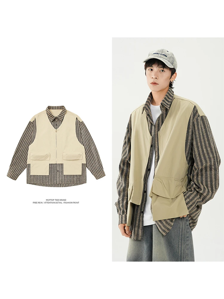 

Mr. WH Ретро поддельные двухсекционные длинные све мужские повседневные полосатые рабочие костюмы Jaet Lazy Sle верхняя одежда для отдыха из полиэфирного волокна