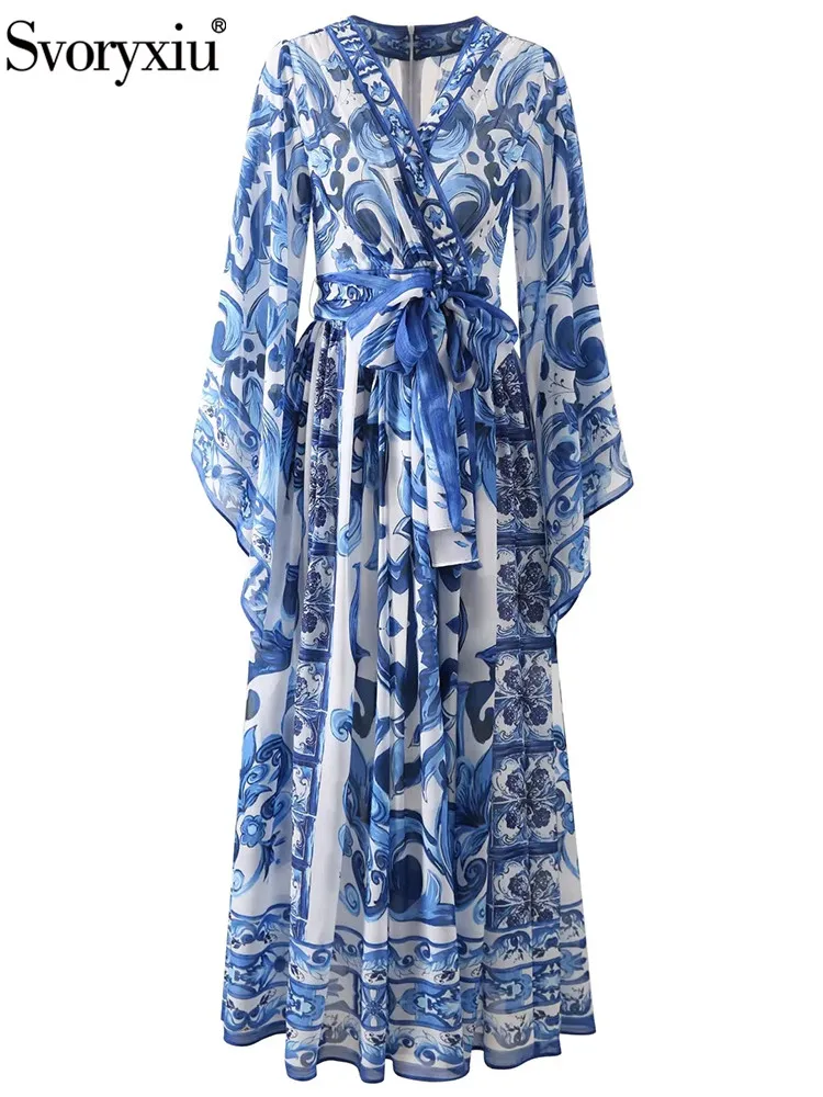 

Svoryxiu Spring Summer Fashion Blue And White Porcelain Print Maxi Dress Women V-Neck Flounces Sleeve High Waist Big Swing Dress