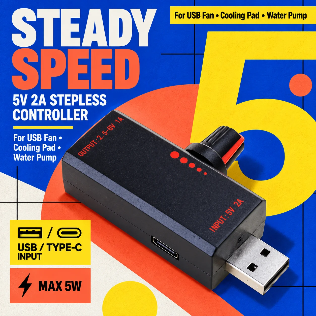 5W DC5V2A Fan Speed Controller Induction Speed Controller with Switch USB Protection Type-C USB Laptop Cell Phone Cooling