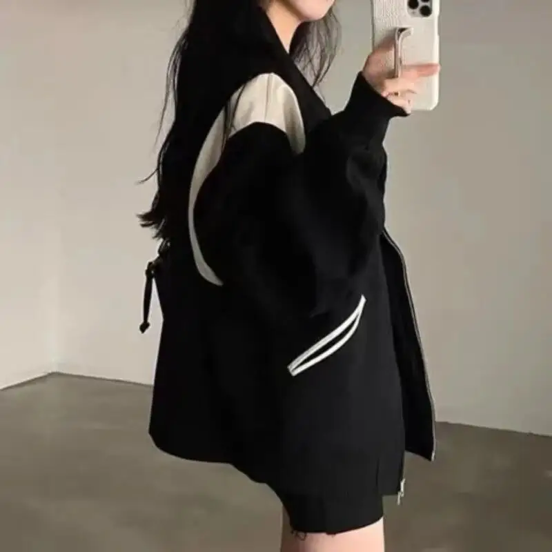 2026 New Spring Autumn Women Retro Plush Thick Cardigan Baseball Jacket Fashion Loose Versatile Color Blocked Zipper Hoodie Tops