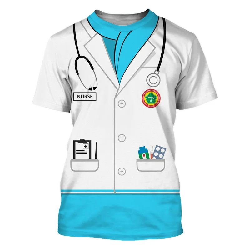 Summer Nurse Uniform Unisex Fashion O-Collar Short Sleeve 3d Printed T-Shirt Street Fun Loose Casual Personality Large Size Top