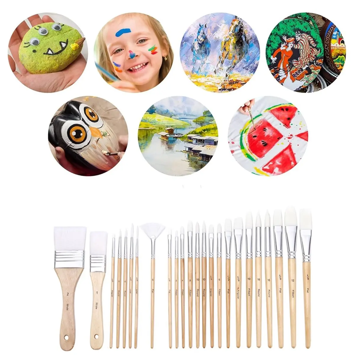 Multi-Shaped Polyester Paint Brushes for for Acrylic, Oil, Watercolor, Gouache, 24 Count Different Sizes, Wood Brush Set