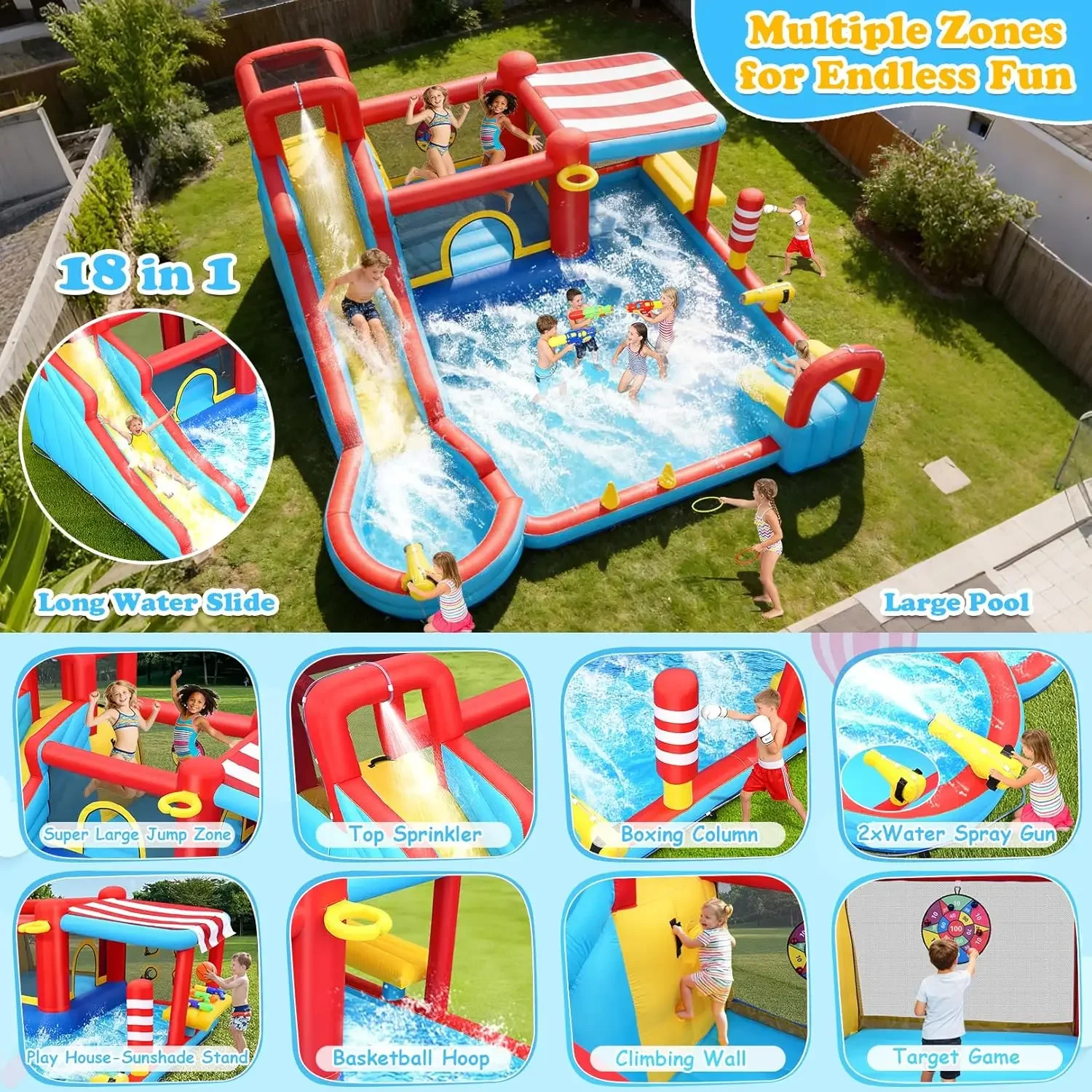 

AKEYDIY Inflatable Water Slide, 18 in 1 Water Park Bounce House for Big Kids, Bouncy House with Dual Slides,Big Splash Pool,Wate