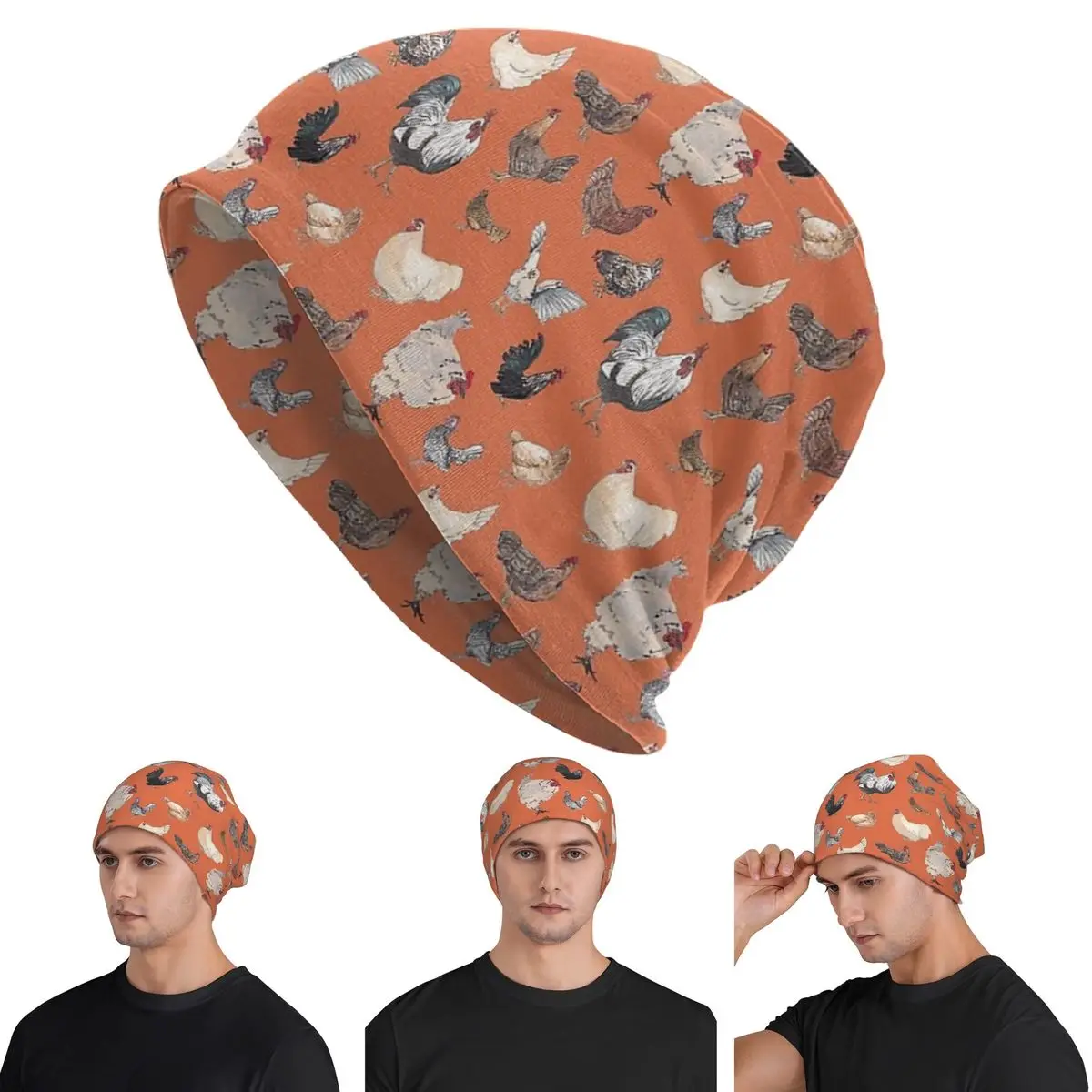 

Шапки-бини Chicken Happy In Deep Orange Skullies, теплая осенне-зимняя уличная шапка, вязаные шапки для взрослых унисекс