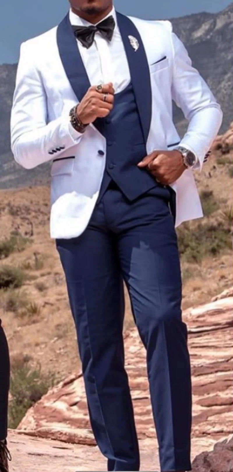 Men Suits Navy Blue and White Groom Tuxedos Shawl Lapel Groomsmen 3 Pieces Set ( Jacket+Pants+Vest )