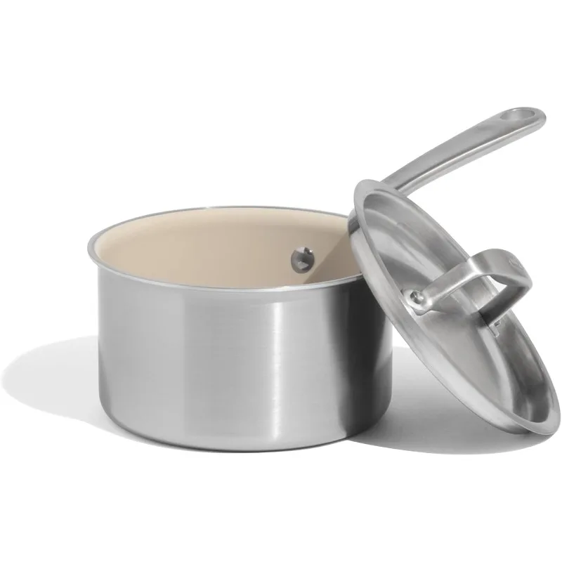 

Cookware - 2 QT Ceramic Non Stick Saucepan with Lid - 5-Ply Stainless Clad with Stay-Cool Handle - Professional Cookware