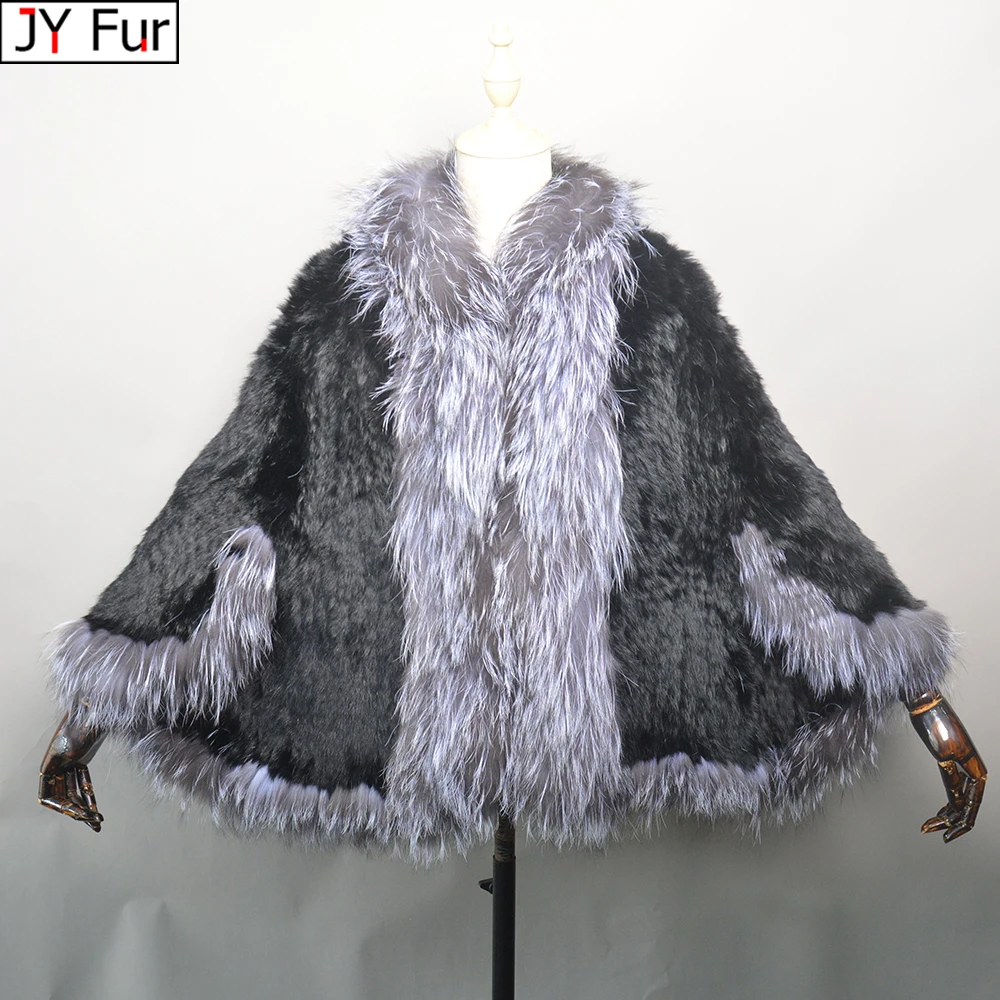 

2024 New Fashion Lady Real Genuine Natural Knitted Rabbit Fur Shawl Coat With Fox Fur Collar Women's Fashion Knit Jacket Cape