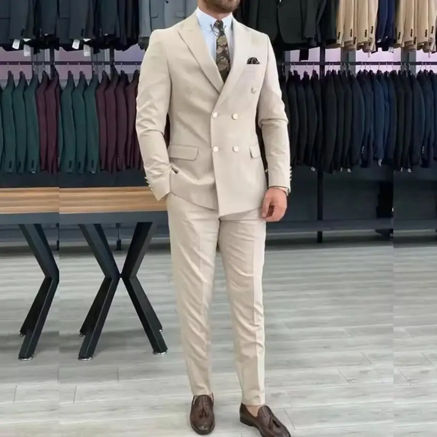 New Beige Men Suits Double Breasted Peaked Lapel Casual Wedding Party Clothing Daily 2 Piece Groom Tuxedo Jacket Pants Set 2026