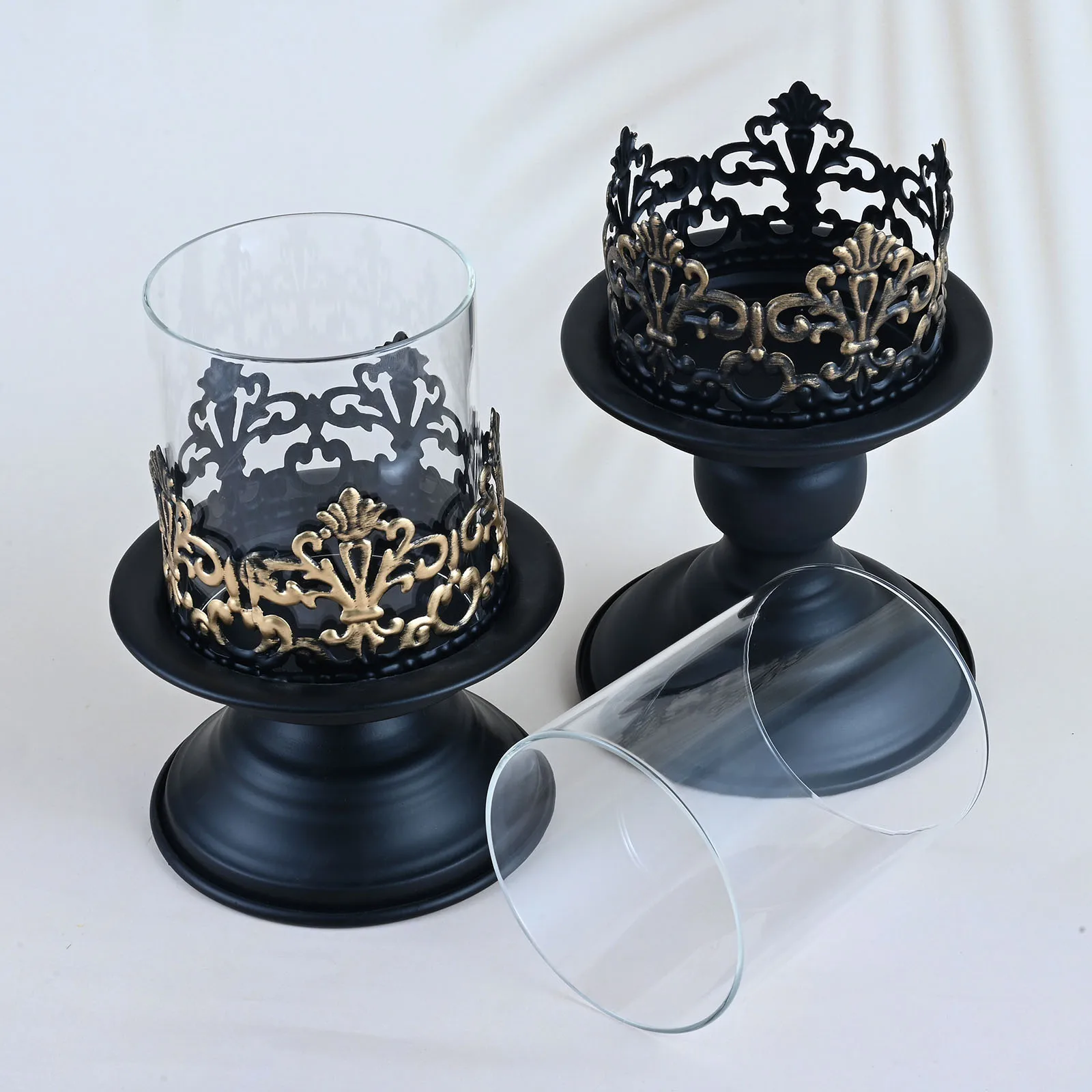 2Pcs Pillar Candle Holder Black Antique Candle Holders Table Center Pieces for Christmas Table Decoration Bedroom Dining Table