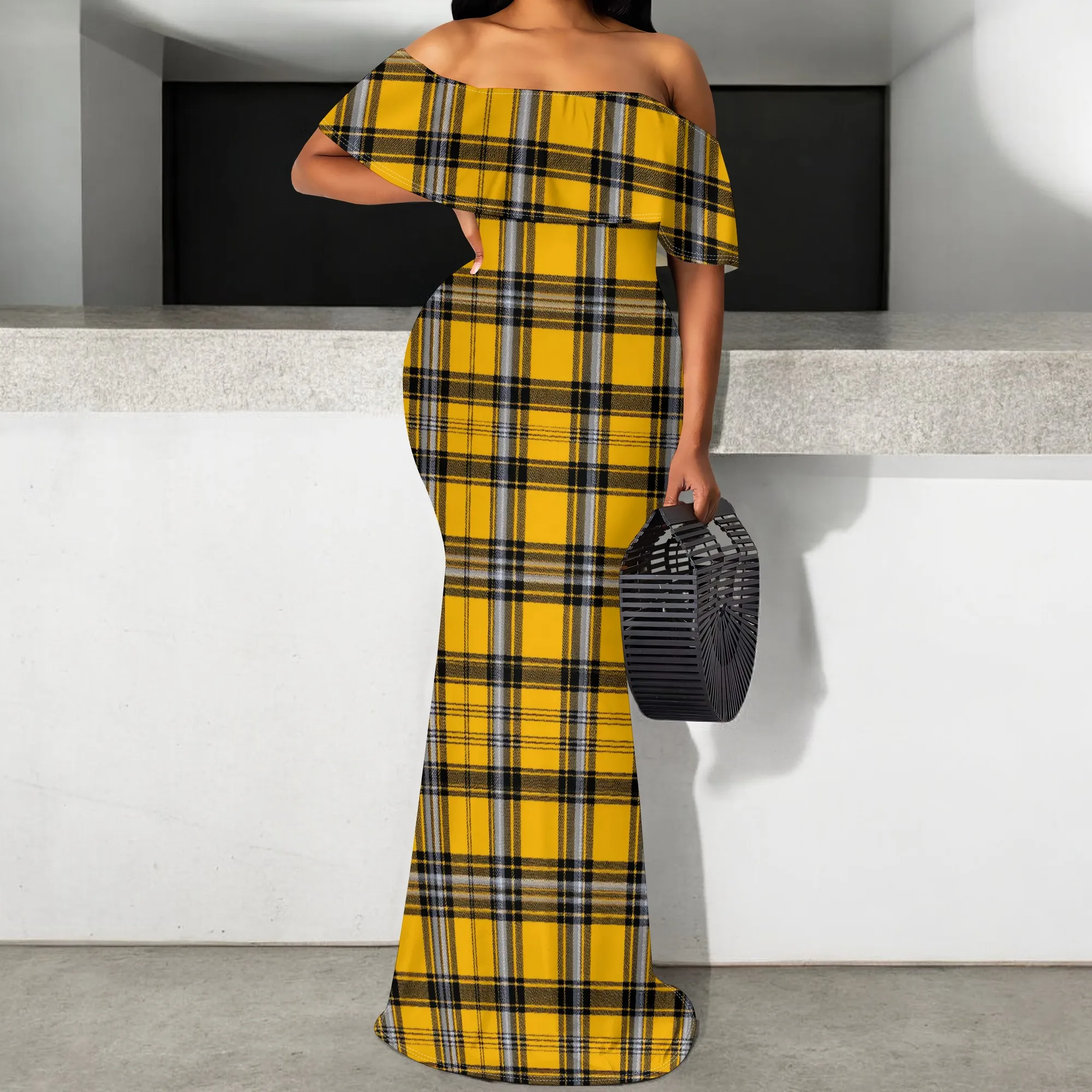 

Yellow Plaid Off Shoulder Maxi Dress Women S-3XL Slim Fit Mermaid Summer Dress Elegant Wedding Guest Party Outfit 2025