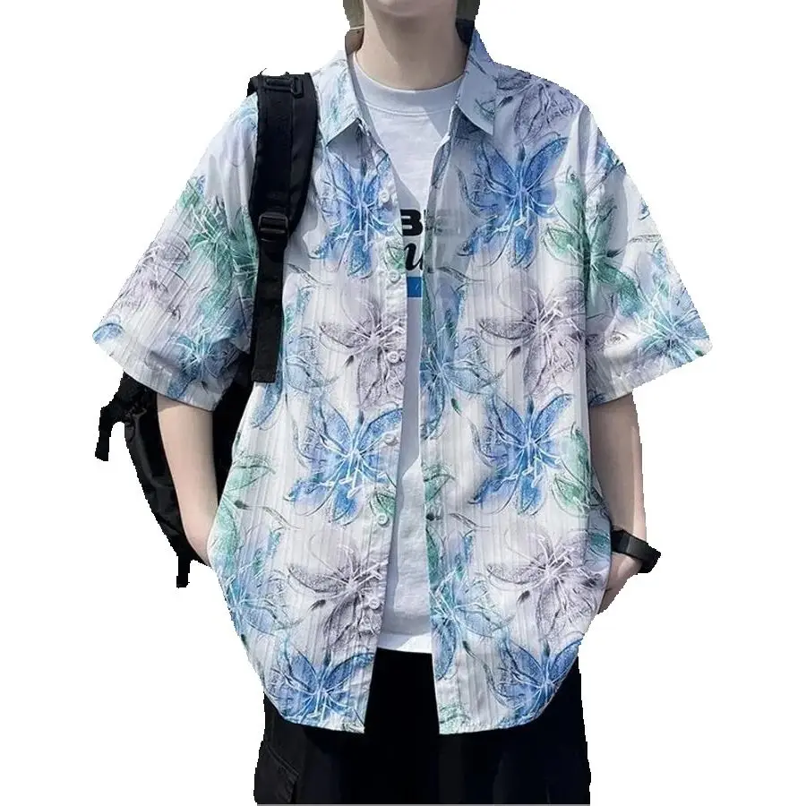 

Men's Ice Silk Hawaiian Shirts Short Sleeve Casual Summer Beach Streetwear Flower Printed Loose Fit Daily Nightclub Shirt