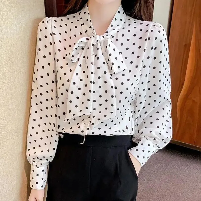 Polka Dot Patchwork Bow Blouse Spring New Long Sleeve Chiffon Printing Loose Elegant Shirt Tops Fashion Vintage Women Clothing