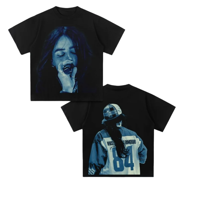Oversized Blue Tone Billie Eilish T-Shirt 100% Cotton Crew Neck Short Sleeve Harajuku Pop Music Casual Graphic Loose Tee