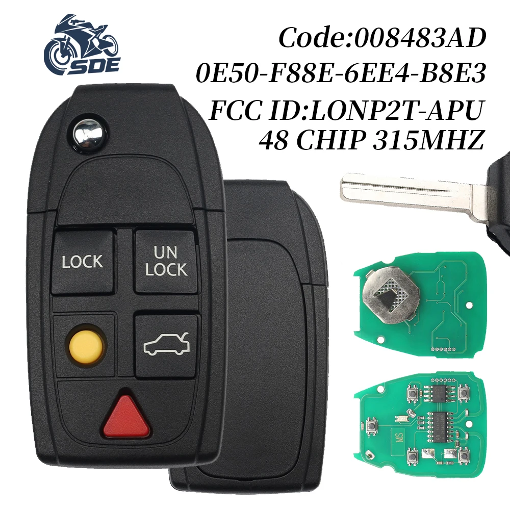 

SDE для Volvo XC70 XC90 S60 S70 S80 V70 2004-2015 315 МГц ID: 48CHIP 5 кнопок автомобильный откидной дистанционный ключ с паролем FCC: LQNP2T-APU