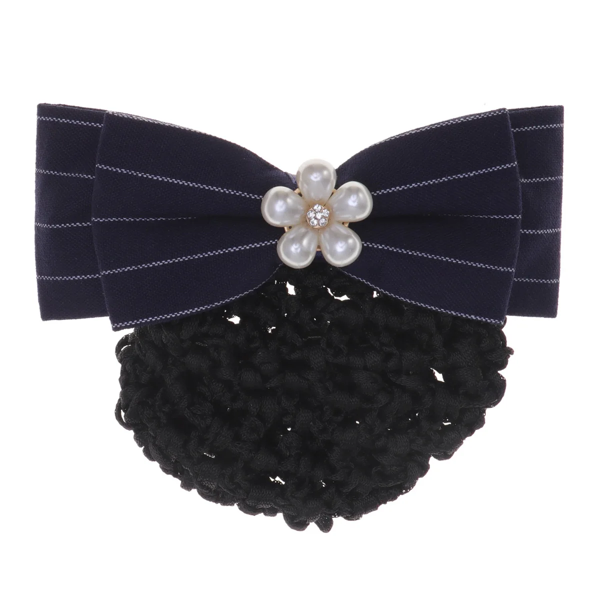 

Снуд для волос с бантом и жемчужными шипами для женщин, толстая сетчатая булочка, офисная вечеринка, одежда для свиданий, сине-белая полоска