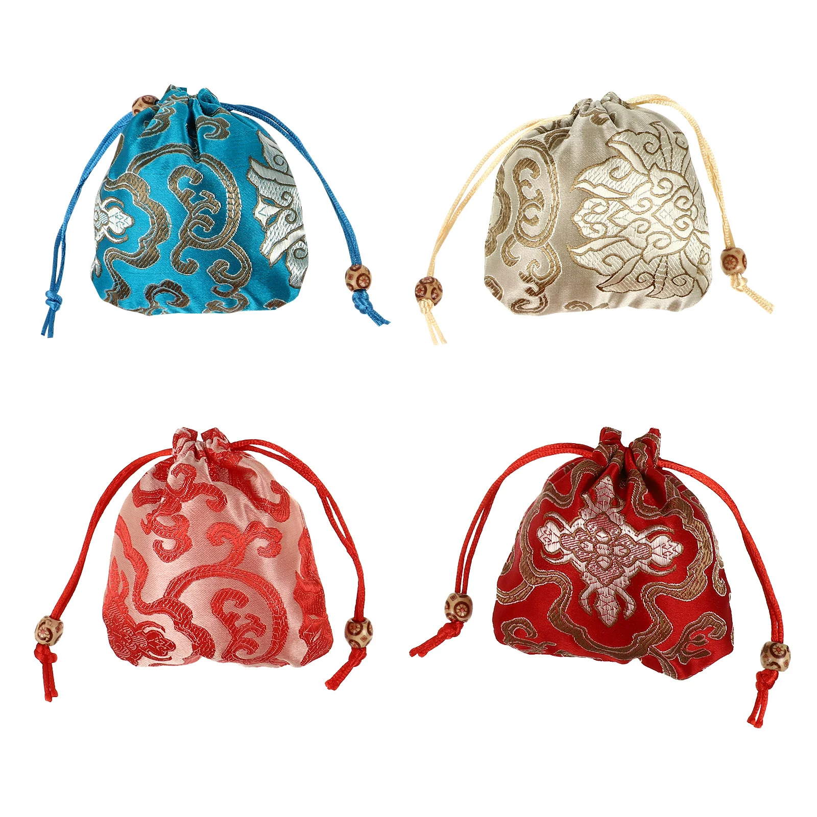 4pcs Vintage Flower Printing Pouches Jewelry Jade Storage Bag Festival Drawstring Brocade Bags Gift Bags(Random Color)