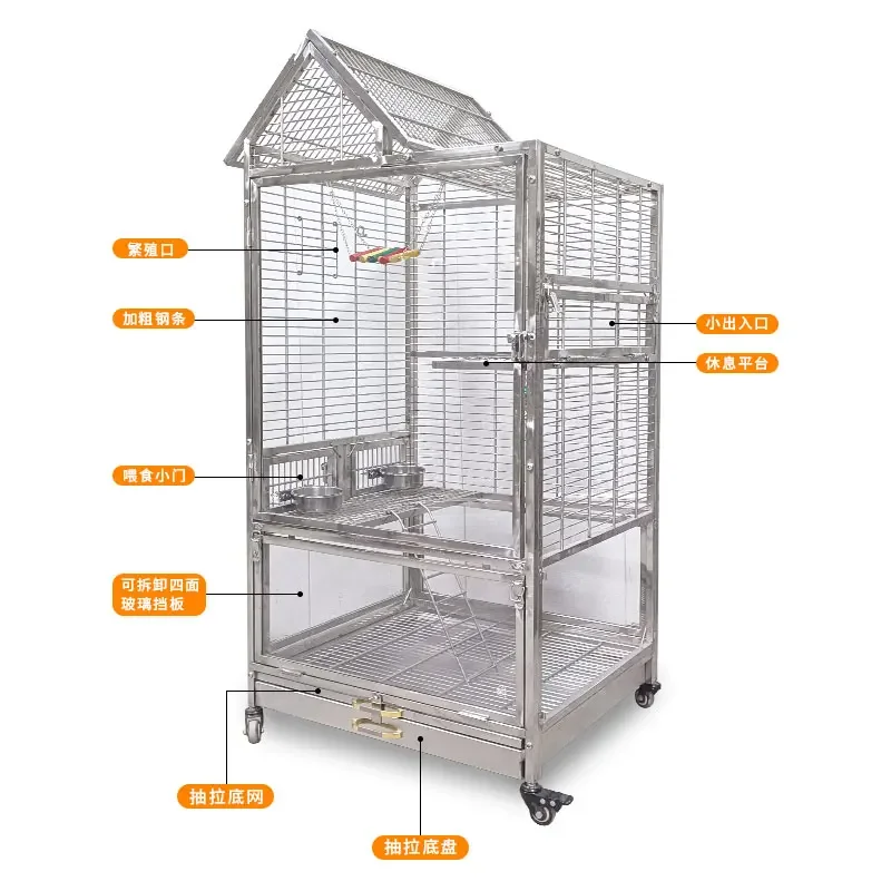 304 stainless steel cabin bird cage removable splash-proof enclosure luxury villa parrot cage