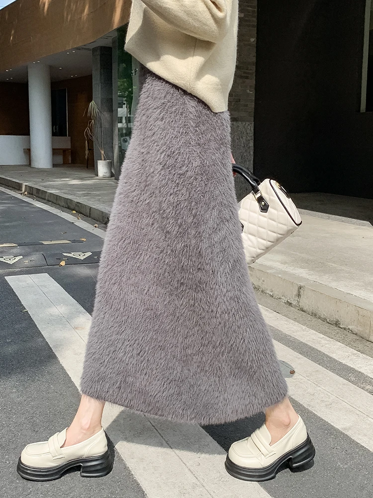 QOERLIN Imitation Mink Knitted Skirt Women Korean Fashion Tassel High Waist Long Skirts Elegant Slim Fur Skirts 2024 Fall Winter