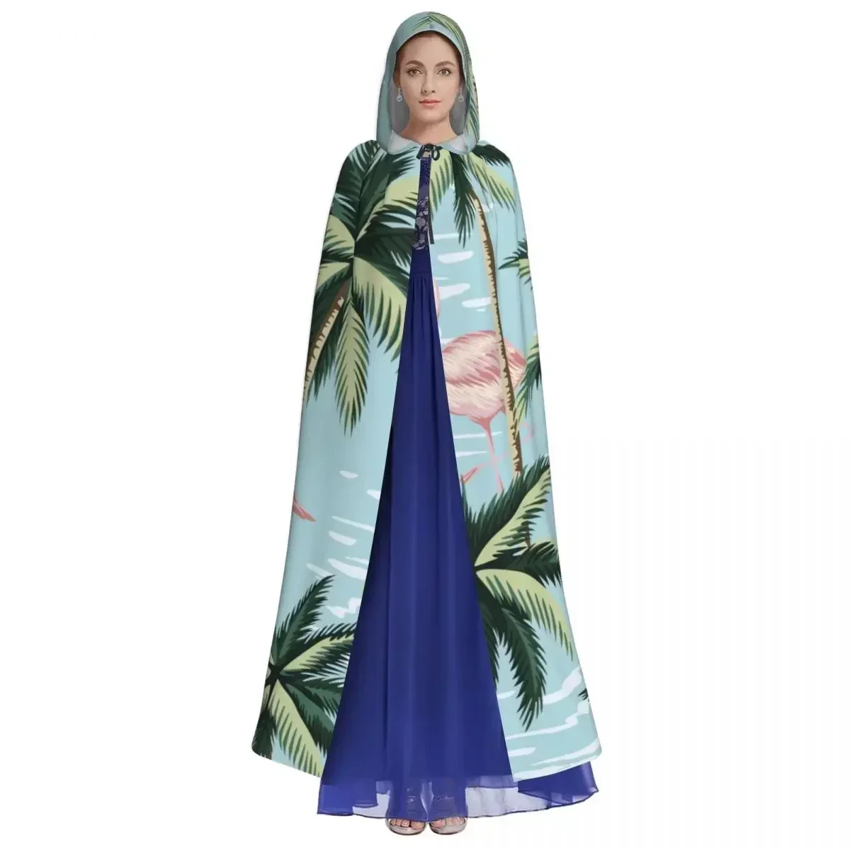 Hooded Cloak Polyester Unisex Witch Cape Costume AccessoryTropical Vintage Pink Flamingo And Palm Trees