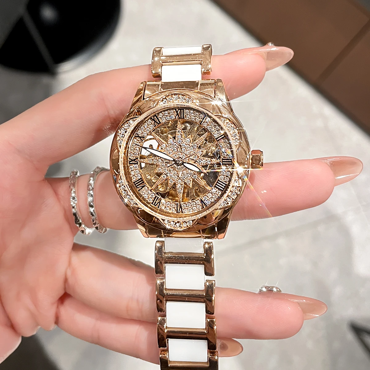 Sunflower mechanical watch for women high-end light luxury niche art red watch for women mechanical watch