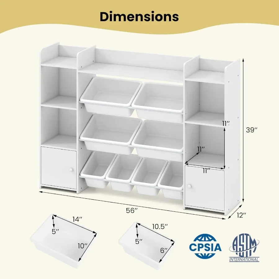 56-Zoll-Spielzeug-Aufbewahrungsorganisator mit 8 herausnehmbaren Behältern und 4-stufigem Design für Kleinkinder. Montessori-inspiriertes Bücherregal mit 6 großen Kabinen