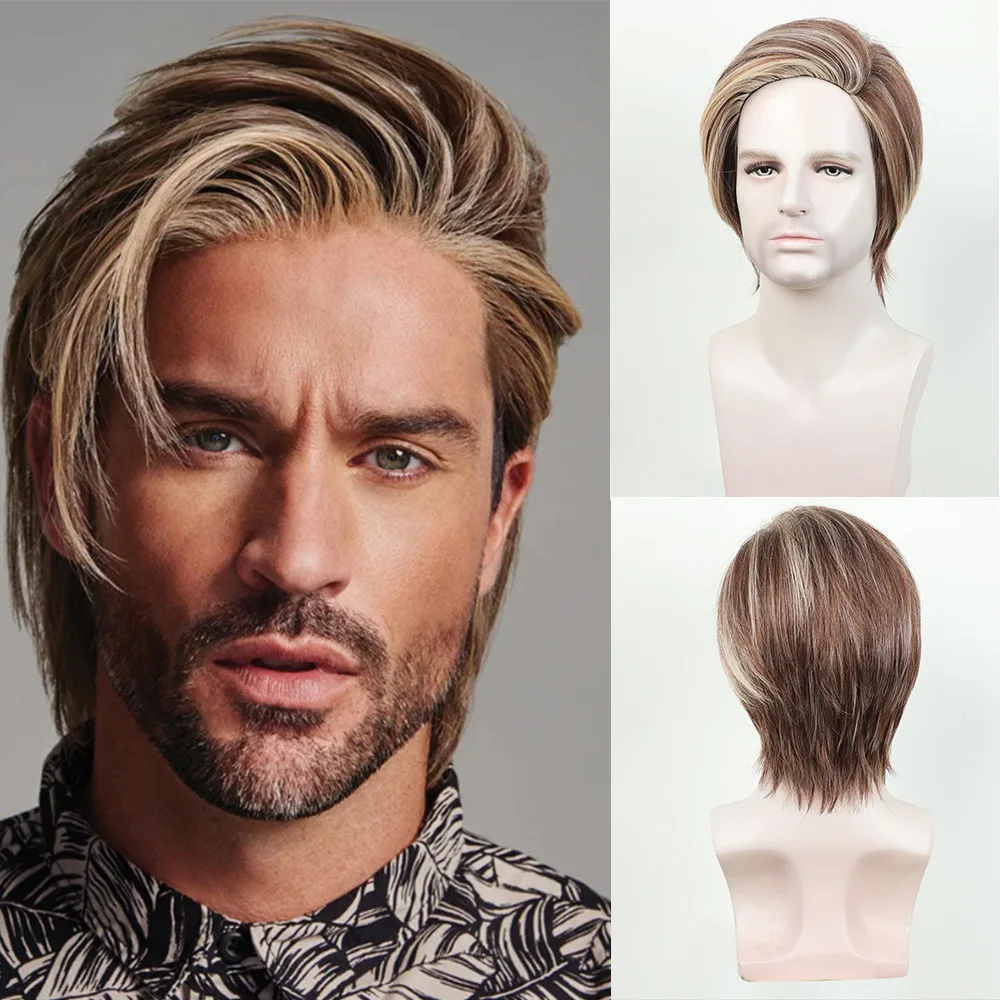 

Brown - Blonde Mixed Straight Wig for Men, Natural Texture. Wigs Ideal for Social Gatherings, Travel and Casual Hangouts