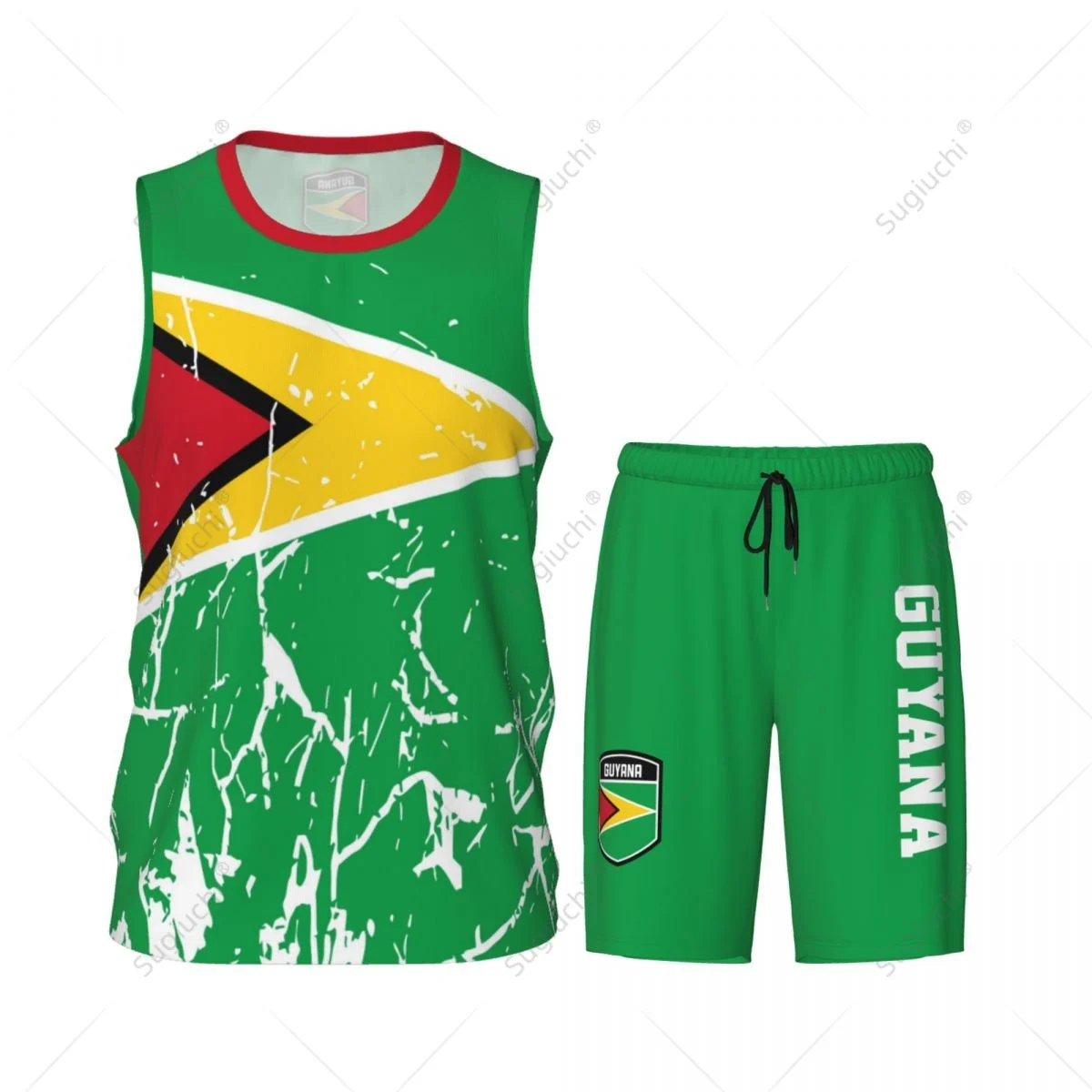 Guyana Flag Grain Men Basketball Set Shirt & Pants Sleeveless