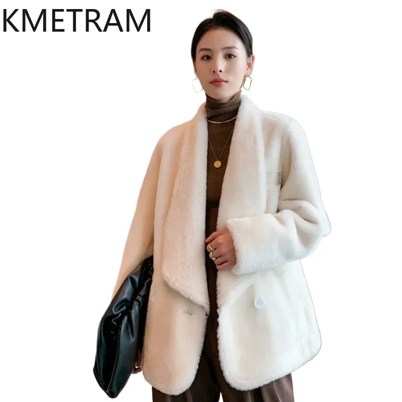 Merino mantel bulu wol alami untuk wanita, jaket bulu domba musim dingin bahan wol asli untuk wanita model baru, pakaian luar 520 уmium, 2024