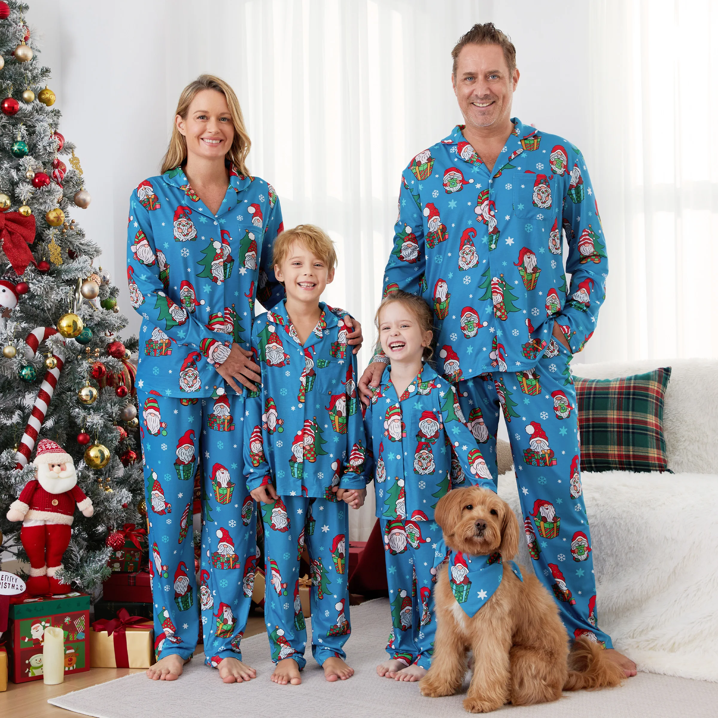 PatPat Christmas Family Matching Blue Allover Gnome Pattern Button Lapel Pajamas Sets Pockets ( Flame Resistant )