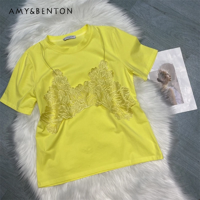 

American Retro Tees Age-Reducing Lace Strap Fake Two-Piece Short Sleeves Tshirts Loose Top Ladies Summer New T-shirt Pullover