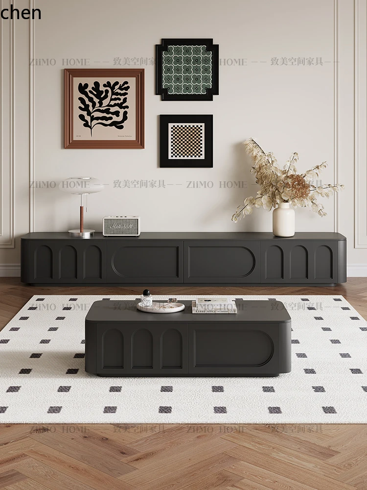 HXL TV cabinet coffee table combination solid wood simple white black paint living room is installed against the wall