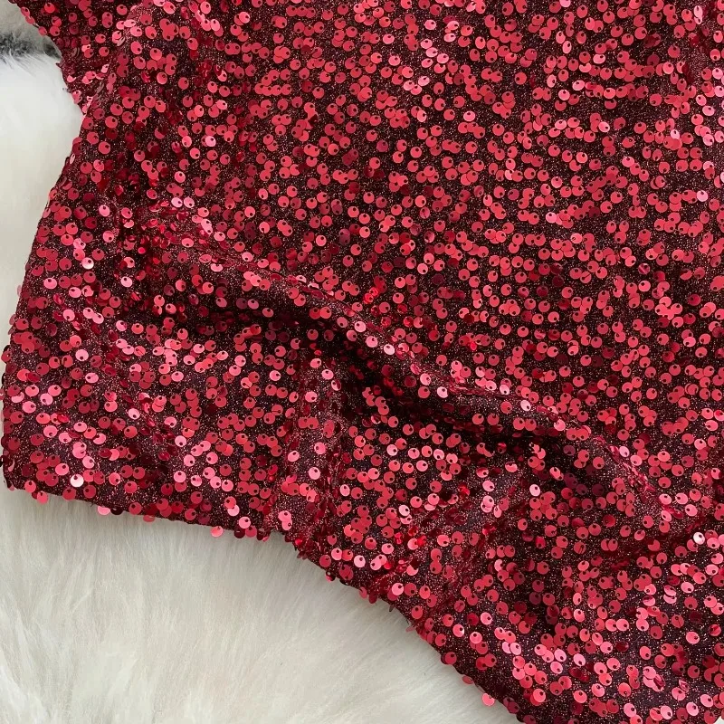 Vintage Glitter Sequin Short Sleeve O Neck Short T-shirt Slim Elegant Fashion Office Lady Crop Top Sexy Spring Autumn Women Top