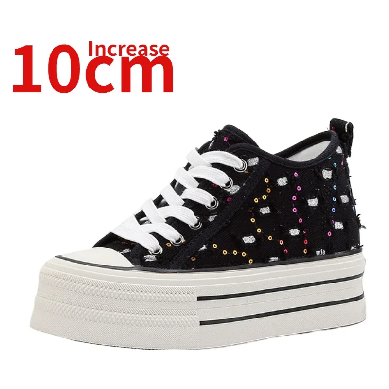 Invisible Inner Height Increasing Canvas Shoes for Women Increase 10cm New Summer Denim Fabric Breathable Hole Thick Bottom Shoe