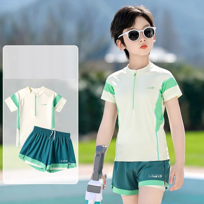 

Двухслойные шорты, купальник для мальчиков, купальник из 2 предметов, детский купальный костюм с короткими рукавами, быстросохнущая пляжная одежда для подростков, купальный костюм