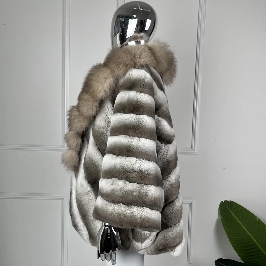 Echt Rex Kaninchen Pelzmantel Chinchilla Pelz Natürliche Fuchs Pelz Kragen Meistverkaufte Winter Jacke Frauen Echt Pelz Mäntel